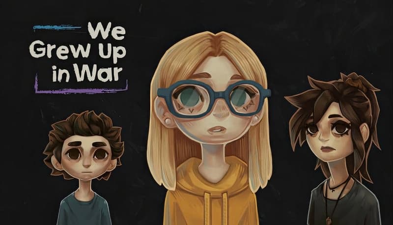 We Grew Up in War: Three young kids with serious expressions stand against a dark background, highlighting a somber atmosphere.