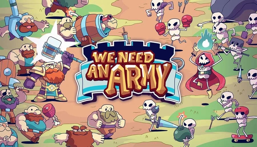 We Need An Army: Cartoon knights and villagers battle skeletons and goblins around a castle gate on a sandy field.