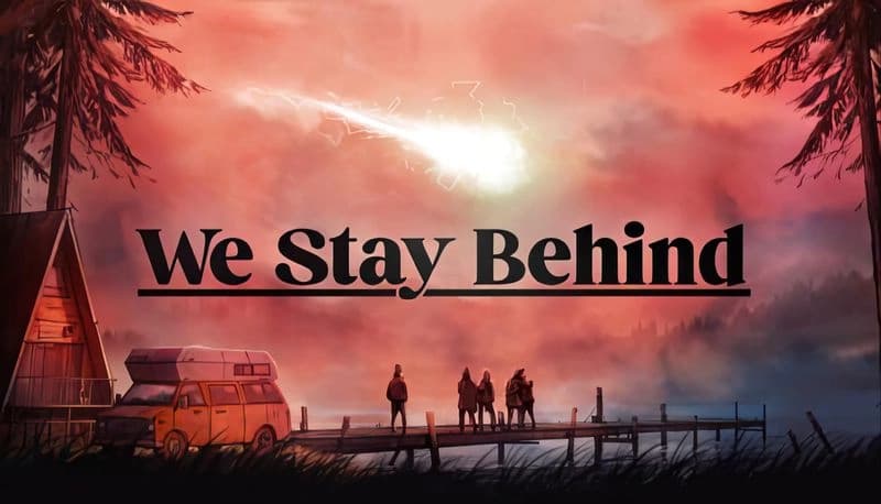 We Stay Behind: Five figures stand on a pier at sunset, watching a comet streak across a colorful sky over a campervan.