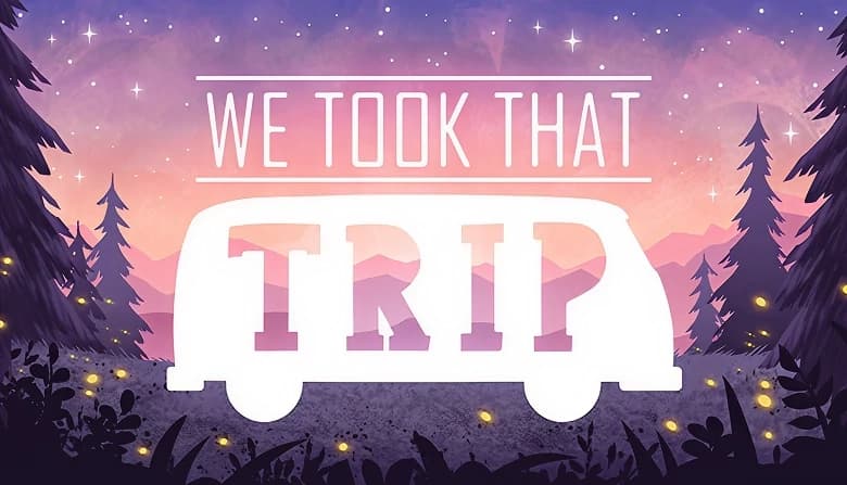 Silhouette of a van against a serene purple and pink sunset sky, surrounded by pine trees and glowing fireflies.