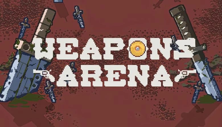 Weapons Arena: Pixelated giantsword, katana, and longswords scattered on a red muddy battlefield with scattered debris.