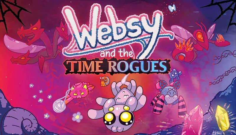 Websy and the Time Rogues: Cartoon spider battles robots and creatures in vibrant, fantasy landscape with crystals and webs.