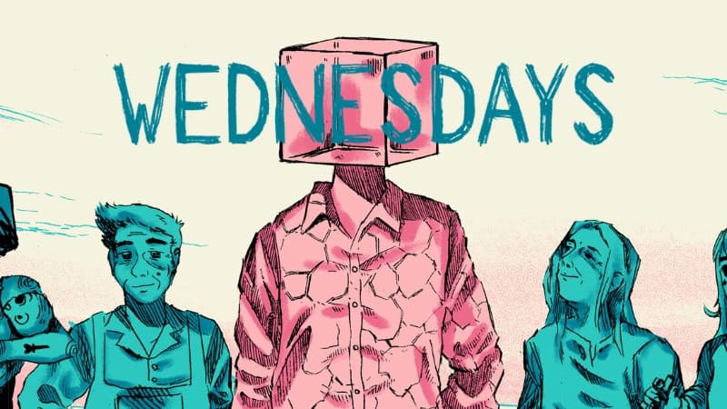 A person with a cube head, wearing a formal shirt, stands among expressionless diverse individuals.