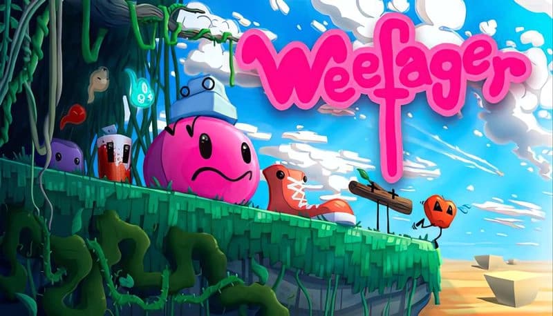 Weefager: Pink creature on grassy cliff with animated objects, floating spirits, and vibrant sky in colorful landscape.
