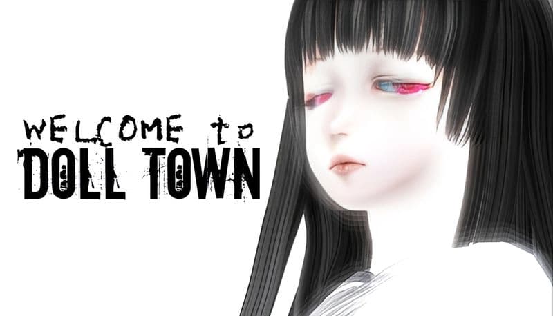 Welcome to Doll Town: Pale young girl with black hair and red eyes gazes solemnly, set against a minimal white background.