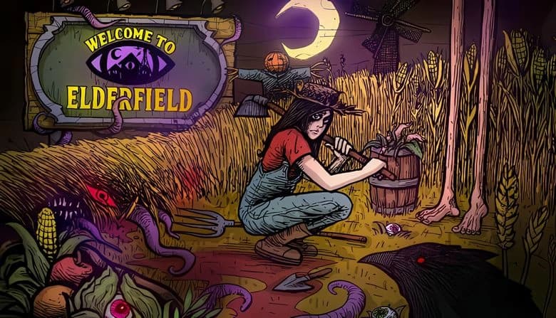 Welcome to Elderfield: Young woman gardening at night in eerie field with scarecrow, crow, and crescent moon in backdrop.