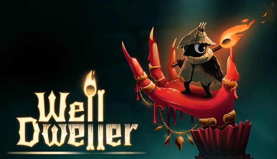 Well Dweller: small cloaked bird holds a flaming matchstick atop a red dripping candle raft in dark teal mist.