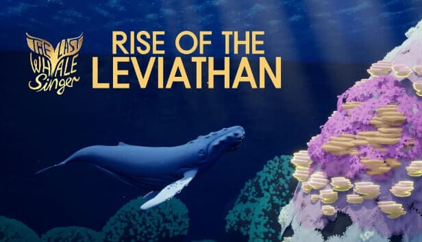 A blue whale swims near a colorful coral reef under the ocean, surrounded by deep blue water.