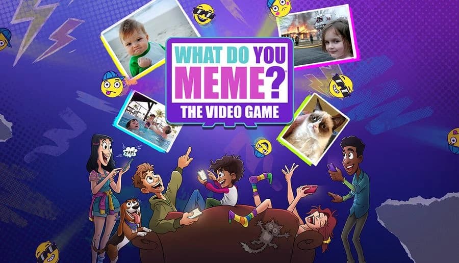 What Do You Meme?® The Video Game: Cartoon friends laughing and posing around meme photos Purple-blue party backdrop.