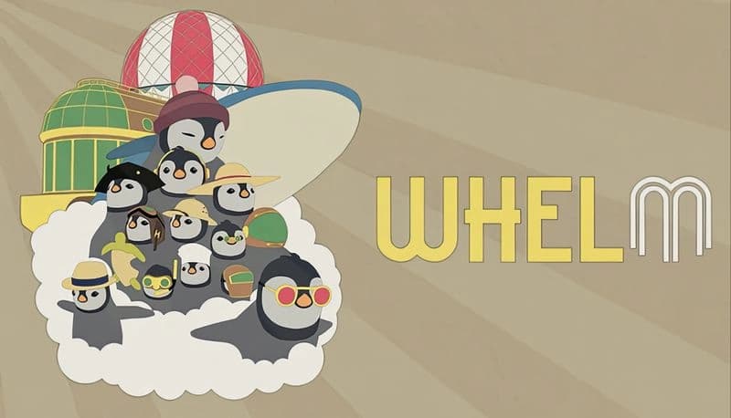 Whelm: Eleven penguins in festive hats gather on a cloud, framed by colorful buildings and a hot air balloon.