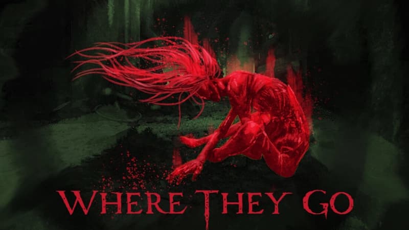 A red figure with long flowing hair sits on the dark green ground, surrounded by an eerie ambiance.