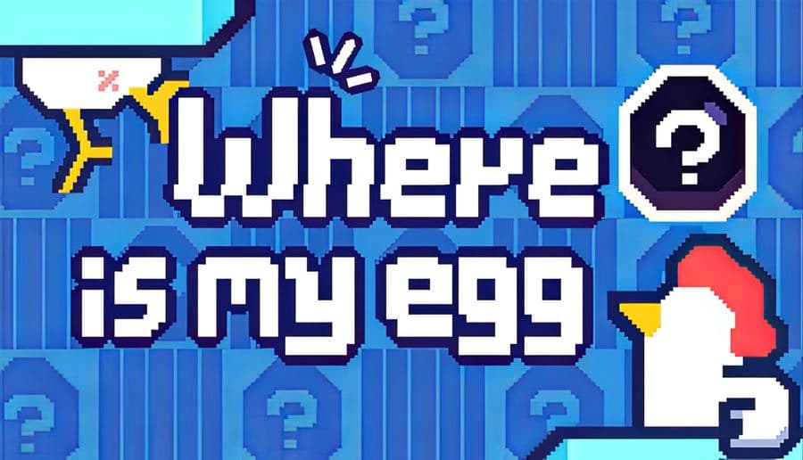 where's my egg?: Chicken dad holds a magnifying glass in a pixel art style, searching on a blue background with question marks.