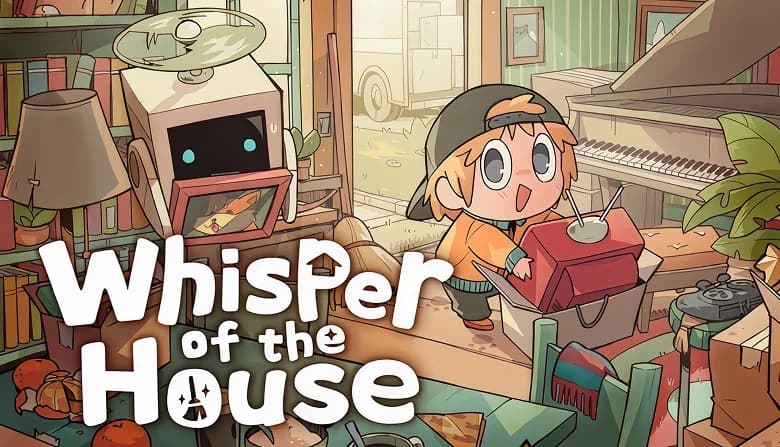 Young boy in an orange outfit and cap carries a box in a cluttered room with scattered books, a robot, plants, and a piano.