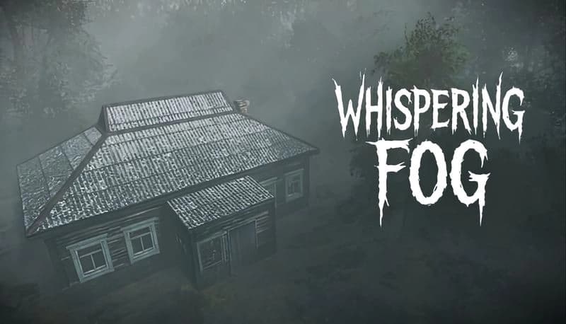 Whispering Fog: Sunlight gleams on a house roof amid a foggy forest, surrounded by looming trees in the dense mist.