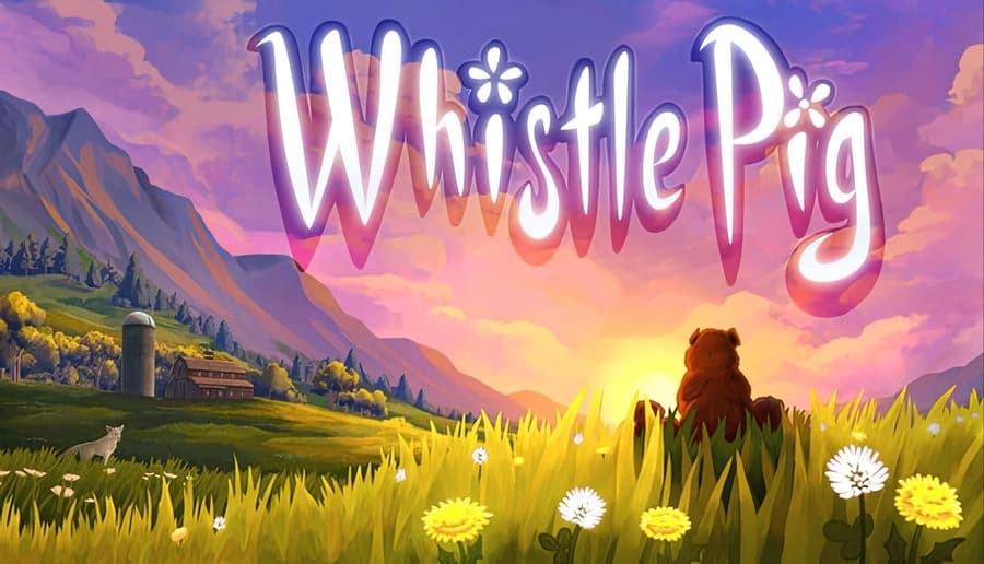 Whistle Pig: groundhog on hind legs facing sunrise over meadow with wildflowers, barn and silo, mountains behind.