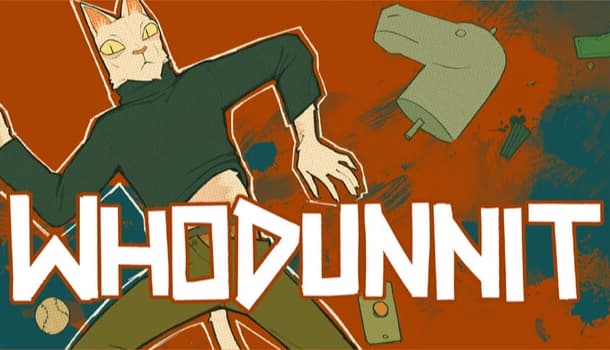 WHODUNNIT: Man in black shirt lunges with raised elbow as a dinosaur looms beside him on an orange backdrop.