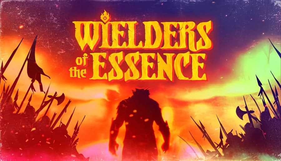 Wielders of the Essence: Giant horned silhouette on a battlefield of spears and tattered banners under a red sky.