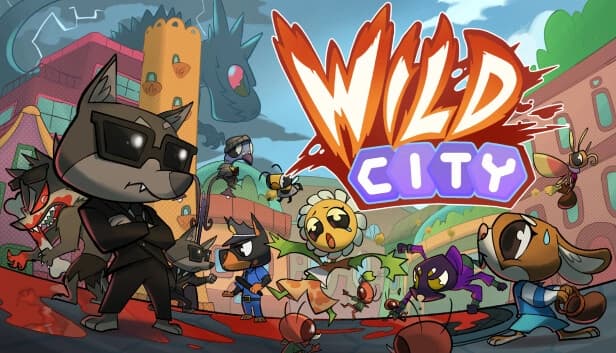 Anthropomorphic wolf in sunglasses, a police dog, ants, bees, and a sunflower creature in a chaotic urban scene.