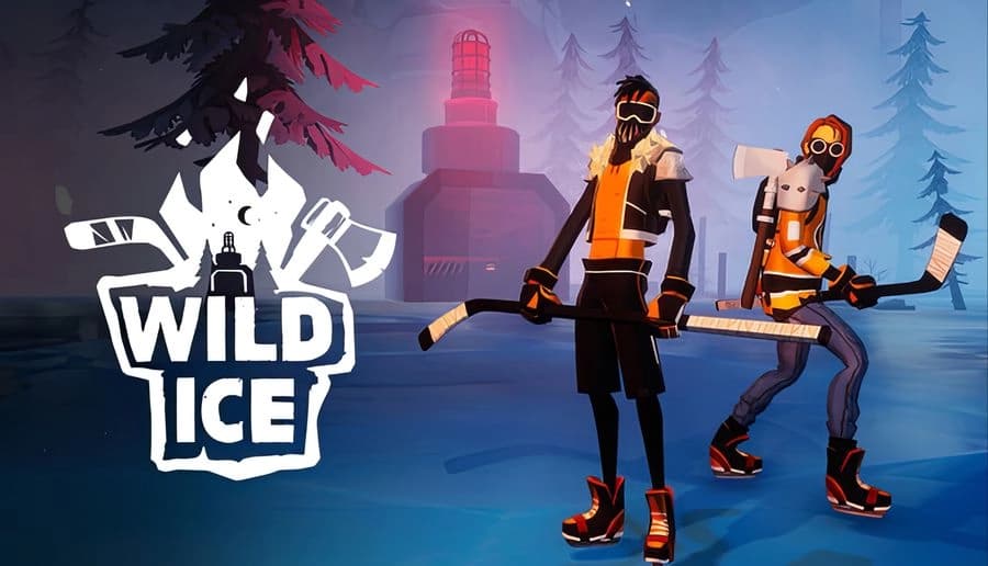 Wild Ice: Two hockey players in orange gear hold sticks beside a snowy furnace building with red beacon and pines.