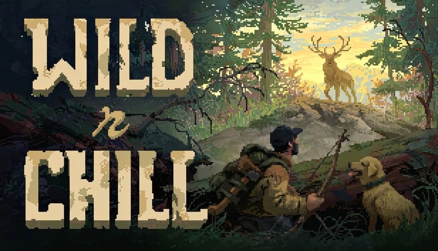 Wild n Chill: Man and dog with backpacks watch a stag at sunrise from forest brush near a quiet pond.