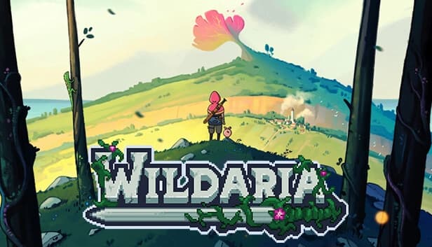 A person holding a sword stands on a hilltop with a small creature, gazing at a giant flower ahead.