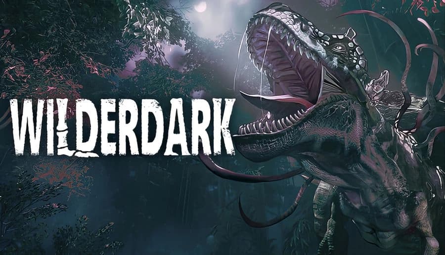 Wilderdark: Dinosaur with gaping jaws and tentacles rears up under moonlight in a dark forest clearing at night.