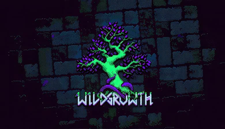 A glowing tree with intricate roots is centered on a pixelated brick wall background, illuminated softly.