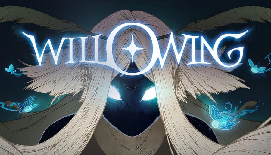 Will O Wing: Glowing blue title above a hooded figure with teal eyes, framed by pale wings and blue butterflies.
