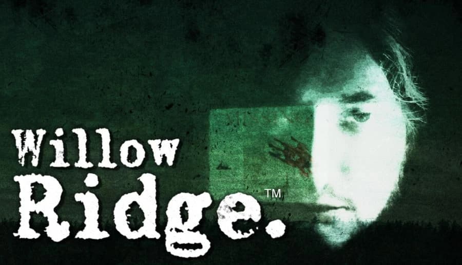 WILLOW RIDGE: Man’s face fades into dark green fog with scratched texture and black tree line at the bottom edge.