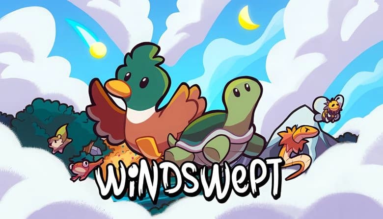 Green duck and turtle leap from lush forest with snake, bee, frog, squirrel; thick clouds, shooting star, and moon above.