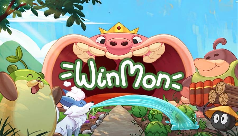 WinMon: Cute creatures gather in a vibrant garden; a large crowned monster grins, colorful trees and trails surround them.