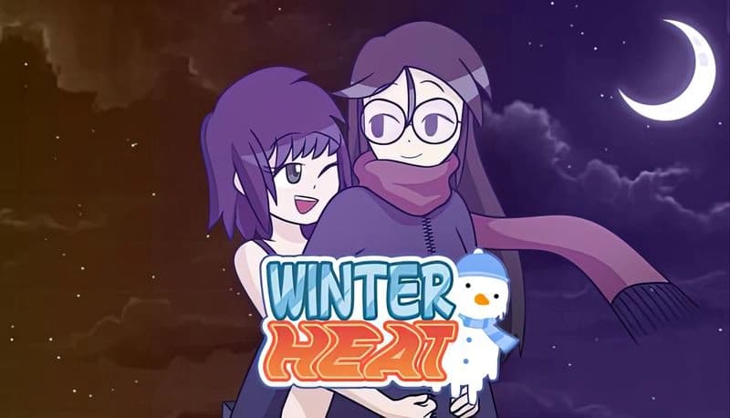Winter Heat: Young girl hugs older woman under a crescent moonlit sky, both smiling in cozy winter clothing.