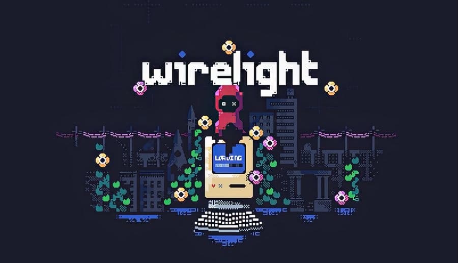 Wirelight: Pixel robot holds a glowing monitor above a console, surrounded by floating orbs in a dark city ruin.