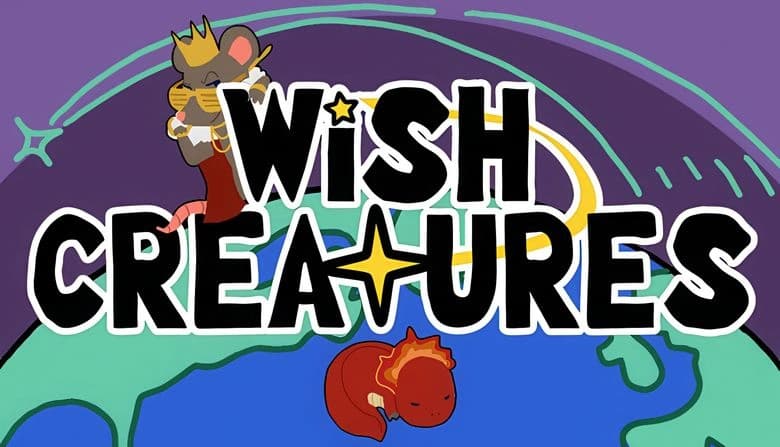 A crowned mouse with a red cape, gold shades, and jewelry stands on Earth. Nearby, a small red axolotl sleeps.