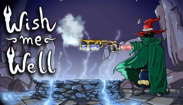 A wizard in a red hat and green cloak aims a glowing gun over a magical well amid rocky terrain.