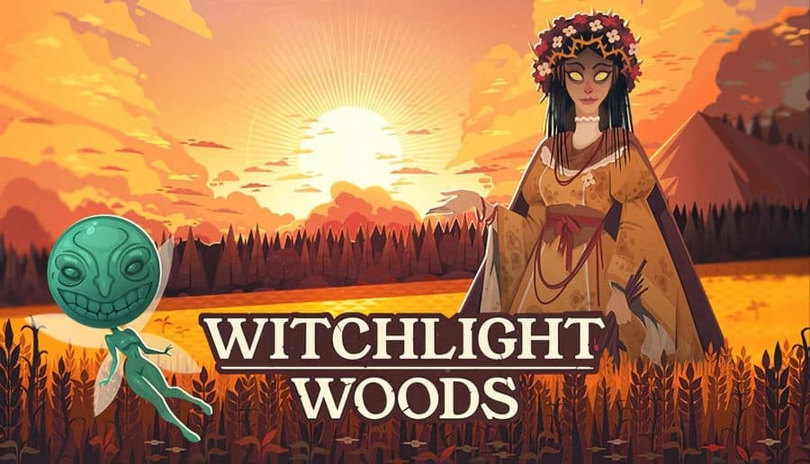 Witchlight Woods: dark-haired woman with flower crown and glowing eyes gestures before pine forest at sunset.