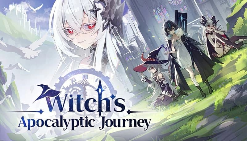 Witch's Apocalyptic Journey: Four witches walking through a sunlit, overgrown cathedral ruin, birds circling above.