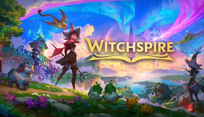Witchspire: Young witch with staff and crow overlooks vibrant valley with magical creatures, stars, and swirling auroras.