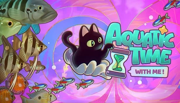A floating white glove holds a black cat and a sand timer, surrounded by colorful fish inside an iridescent pink seashell.