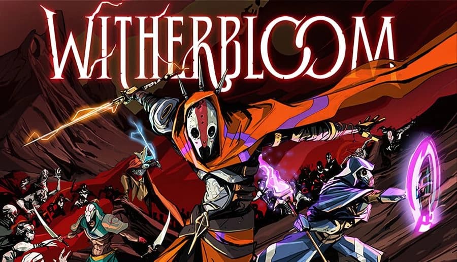 Witherbloom: masked fighter swings electrified blade above armored allies battling monsters in a crimson canyon battlefield.