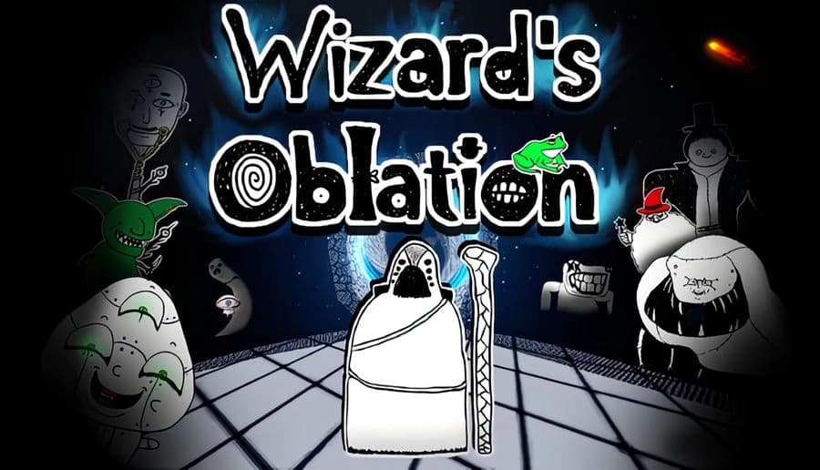 Wizard's Oblation: Hooded wizard with staff in futuristic arena, surrounded by eerie, cartoonish creatures glowing in the dark.