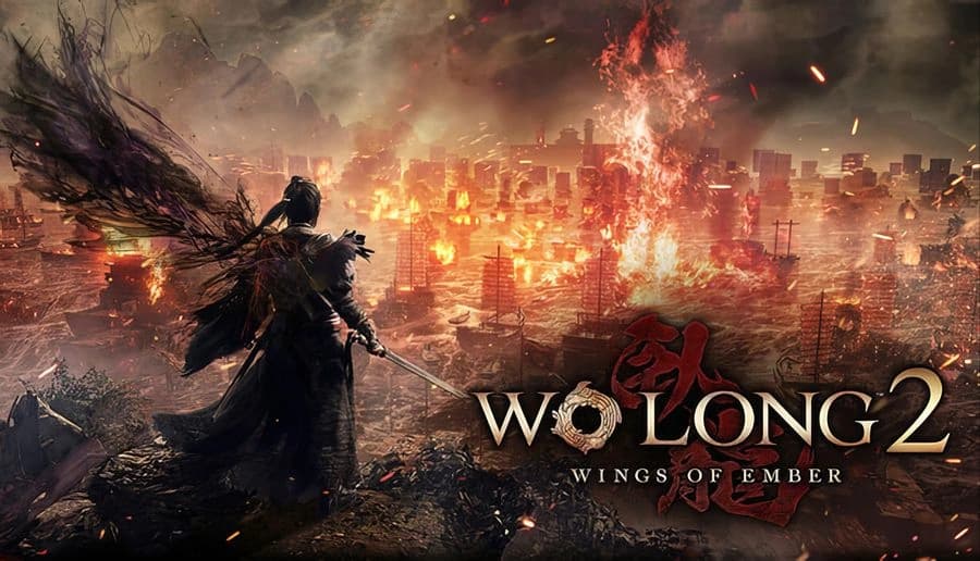 Wo Long 2: Armored warrior with black wings grips a spear facing a burning city amid smoke and embers at dusk.