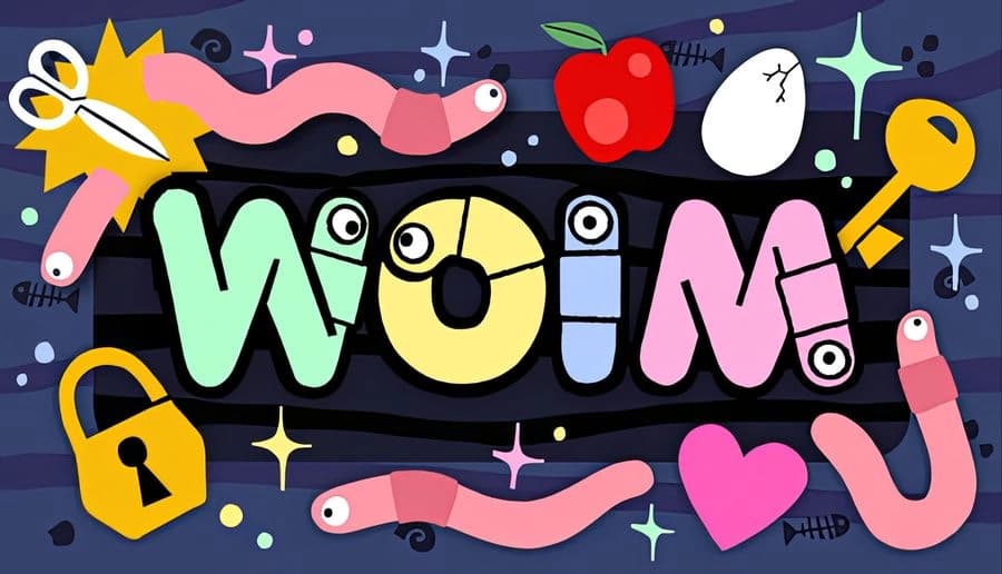 WOIM: Pink cartoon worms wriggle around colorful WOIM letters with apple, egg, hearts, stars, and padlocks on dark sky.