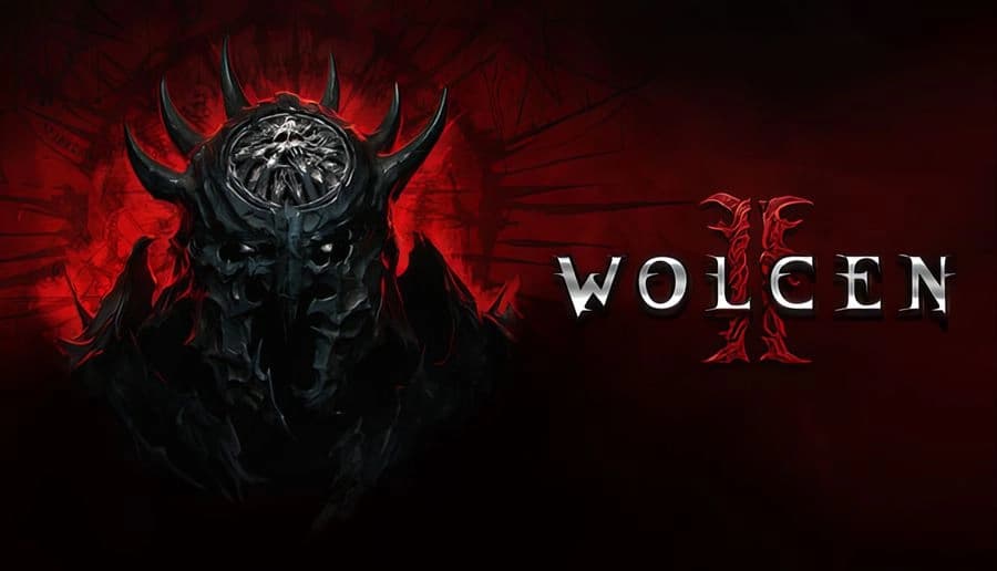 Wolcen 2: Horned armored demon head with glowing eyes emerging from smoky shadows on a blood-red backdrop.
