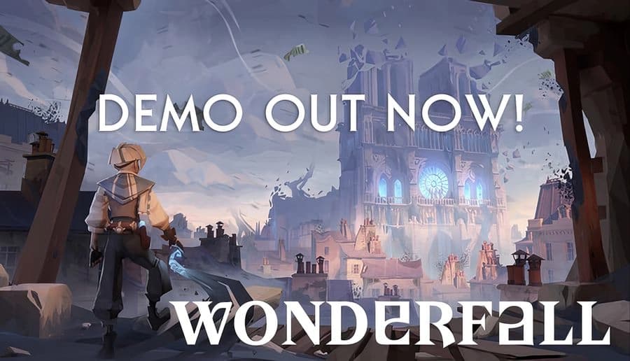 Wonderfall: man stands on rooftop with satchel and scarf, facing ruined Paris skyline and glowing cathedral portal.