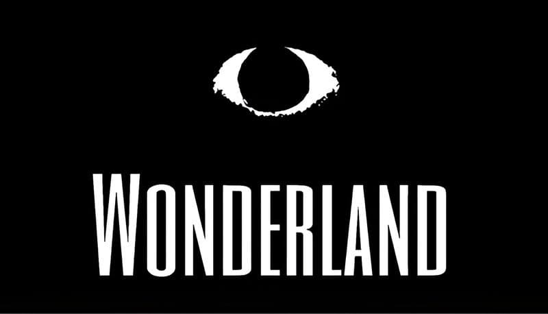 Wonderland: Distorted red hand reaching in dark space with a glowing eye above, vibrant bars on the left side adding color.