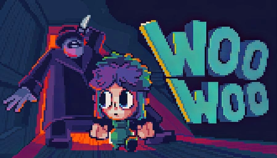 Woo Woo: Young boy holding a flashlight beside a tall shadowy monster with red eyes in a dark hallway backdrop.