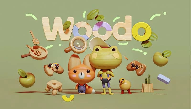 Woodo: Cute fox and frog figures stand on green backdrop with scattered apples, wooden toys, and floating magnifying glass.