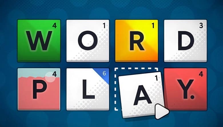 Letter tiles spelling "WORD PLAY" with distinct colors and point values on a blue background, tile being dragged by cursor.
