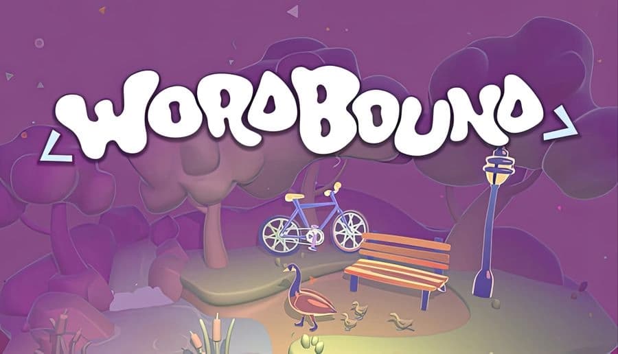 Wordbound: White title over purple park diorama with bicycle, bench, lamppost, trees, flamingo, cattails.